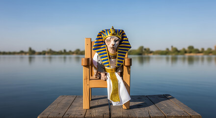 Sphynx cat dressed as Egyptian pharaoh sitting on wooden chair by lake, serene summer scene, regal pet portrait