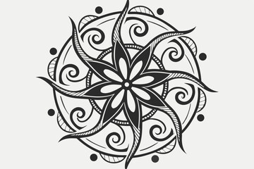 Black Mandala Art with Swirls and Dots on White pattern