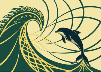 Dark blue dolphin leaping through abstract green wave and yellow lines