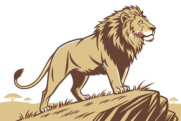 Obraz premium Lion standing on rocky outcrop in savanna landscape