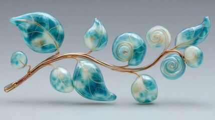 Elegant Teal and Gold Leaf and Shell Brooch