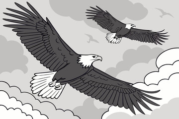 Two bald eagles soaring through a cloudy sky bird flying