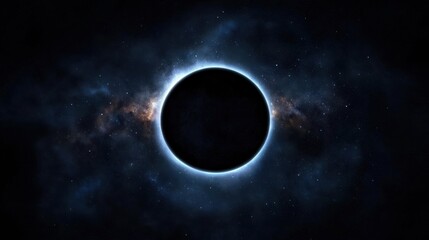 A black planet with a ring of light around it.