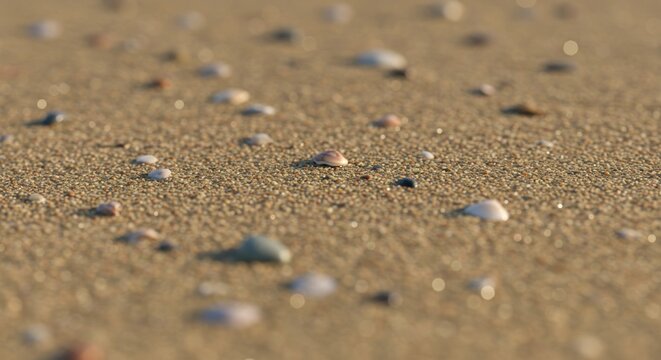 Macro shot of seashells scattered across sun-kissed sandy shore creating a natural textured surface