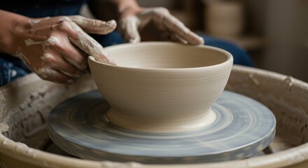 Skilled artisan hands shaping soft clay into a beautiful bowl on a spinning pottery wheel creating