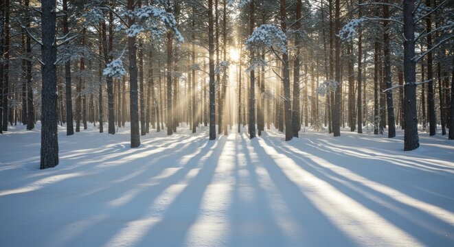 Sunlit serenity within a snow-covered pine forest creating long shadows and diffused light through