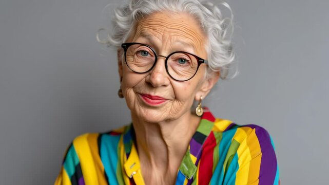 Woman with glasses and a colorful striped shirt is posing for a picture. She has a serious expression on her face