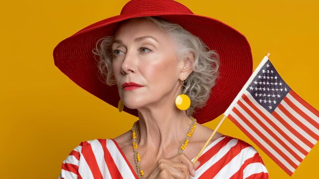 Woman in a red hat and red and yellow striped dress poses for the camera. She has yellow earrings and a yellow necklace