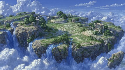 Floating Island Paradise: An Ethereal Realm of Ancient Ruins and Cascading Waterfalls