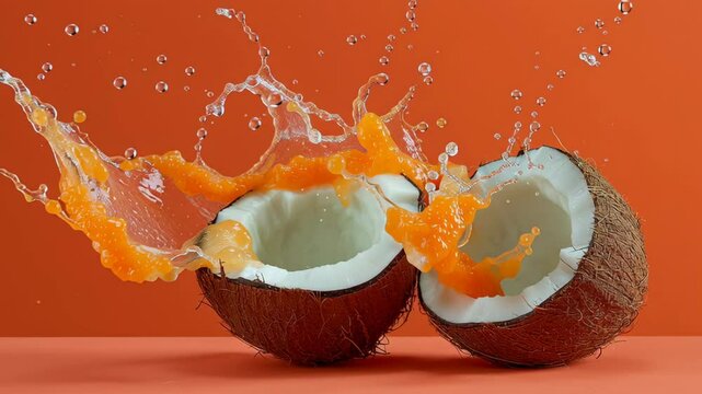 Two coconuts with orange juice splashing out of them. The coconuts are cut in half and the juice is dripping out. The scene is lively and energetic, with the juice creating a splash