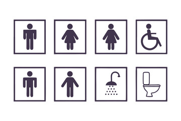 Set of public restroom icons. Includes male, female, disabled access, toilet, and shower signs. Vector pictogram collection for WC signage.