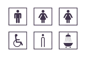 Set of public restroom icons. Includes male, female, disabled access, toilet, and shower signs. Vector pictogram collection for WC signage.