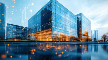 Fototapeta premium Modern Glass Skyscrapers Reflecting City Lights, Futuristic Architecture, Digital Overlay.