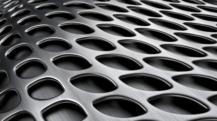 A close-up view of a metallic mesh with a repeating pattern of oval-shaped openings.
