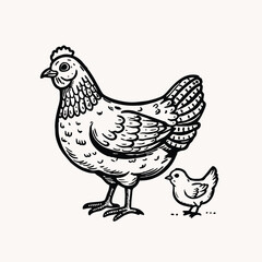 Fototapeta premium Mother hen with her baby chicks. Cartoon funny brown hen with little yellow chicken. Vector cartoon illustration