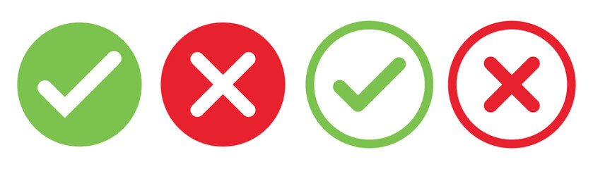 Check mark icon button set. Check box icon with right and wrong buttons and yes or no checkmark icons in green tick box and red cross.
