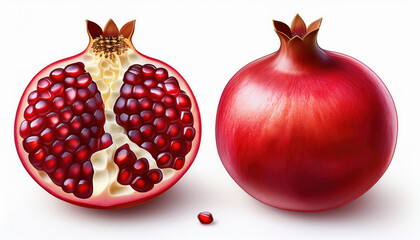 Fresh pomegranate half and whole, vibrant red color, showcasing juicy seeds and smooth skin, perfect for seasonal dishes