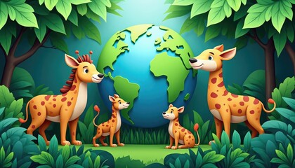 Fototapeta premium Two giraffes stand in a lush jungle scene with a globe.