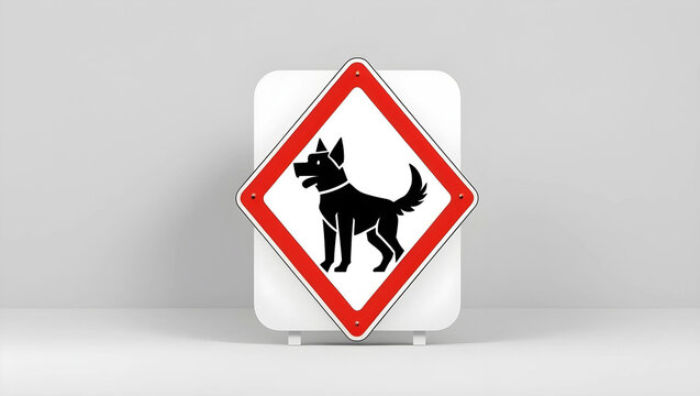 high-resolution vector illustration of a minimalist “Beware of Dog” signboard, features a clean black silhouette of a barking or alert dog, enclosed within a bold red warning triangle frame.