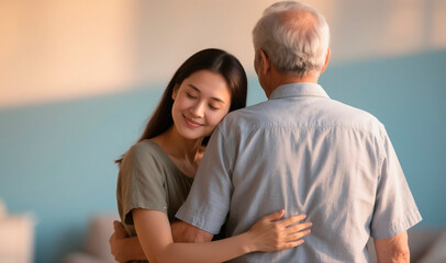 Lovely adult daughter embracing senior father from beahid