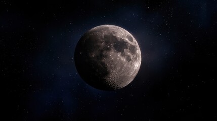 A large, round, gray moon in space.