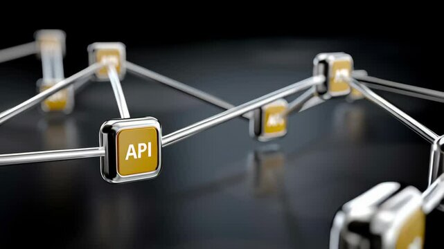Series of buttons are connected to each other, with one button labeled API. The buttons are arranged in a way that suggests a network or a system of interconnected components. Concept of a complex