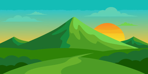 Naklejka premium Vector illustration of a mountain landscape with snow-capped peaks, a serene lake, and a vibrant sunset sky