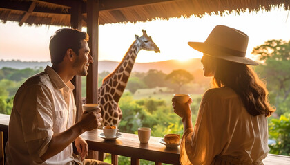 Giraffe Safari Sunrise Couple Coffee.