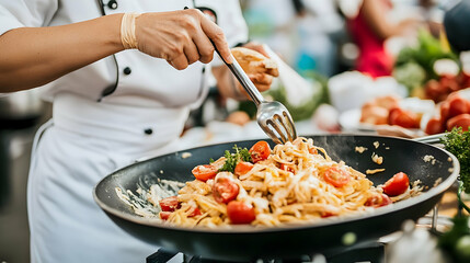 Chef's Hand Stirring Pasta with Tomatoes in a Hot Pan, Close-up