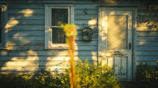 Weathered Home Facade: Rustic Door, Window, and Mailbox in Golden Sunlight