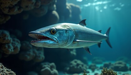 Naklejka premium Barracuda Fish Swimming Underwater Near Reef