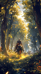 Fototapeta premium horseback traveler in golden hour forest path with glowing magical atmosphere
