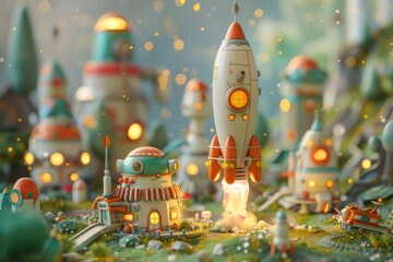 Charming rocket ship blasting off in a miniature cartoon-style town with glowing lights and fantasy atmosphere.