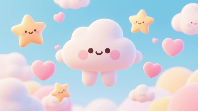 Adorable smiling cloud floats among cute stars and hearts in a soft blue sky, suitable for children&rsquo;s content, animated intros, or dreamy background scenes in playful designs.