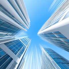 Modern Cityscape: Low Angle View of Glass Skyscrapers Against a Bright Blue Sky