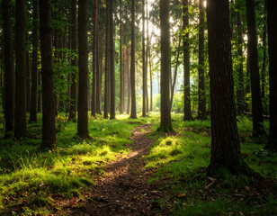 Fototapeta premium Sunlit Forest Path with Green Trees.