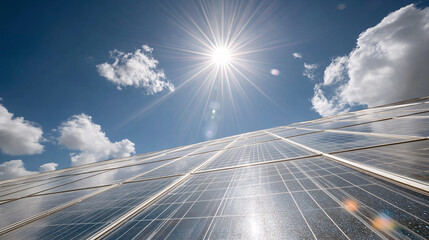 Fototapeta premium Solar Energy: Solar panels absorb the sun's radiant energy under a bright blue sky. These panels use light to generate electricity. and a cloud floats by and give us some shade.