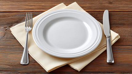 Minimalist Meal Setup: A pristine plate rests on a soft napkin, flanked by a gleaming fork and knife. The arrangement captures simplicity, setting the scene for a meal. 