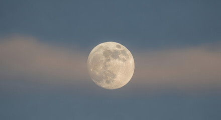 Magnificent full moon illuminates the twilight sky with visible craters and soft clouds passing in the background.