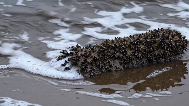 Sea cucumber washed by gentle waves on sandy beach