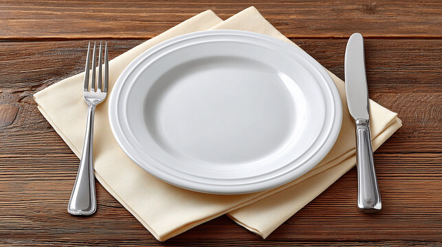 Minimalist Meal Setup: A pristine plate rests on a soft napkin, flanked by a gleaming fork and knife. The arrangement captures simplicity, setting the scene for a meal. - Powered by Adobe
