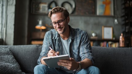 A man sits on a couch, writing on a tablet.