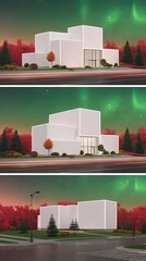 Modern White Cubic House at Night with Aurora Borealis