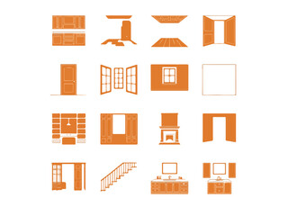 Collection of interior design elements and architectural features depicted as clean orange silhouettes on a black background showcasing doors windows fireplaces stairs and cabinetry silhouette