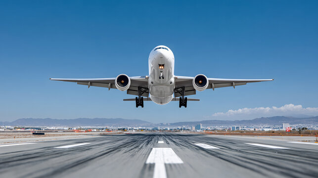 Commercial airplane taking off from an airport runway, front view, with a clear blue sky in the background.