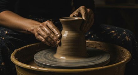 Artisan Hands Masterfully Shape Clay on a Spinning Pottery Wheel Crafting a Unique Vessel