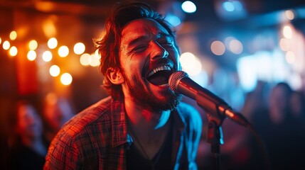 Passionate Singer in Red and Blue Light, Eyes Closed, Microphone in Focus