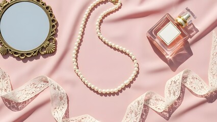 Flat Lay of Coquette Aesthetic Accessories on Pink Fabric