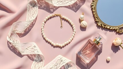 Flat Lay of Coquette Aesthetic Accessories on Pink Fabric