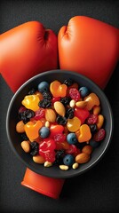 Nutritious Trail Mix with Berries and Nuts Beside Orange Boxing Gloves